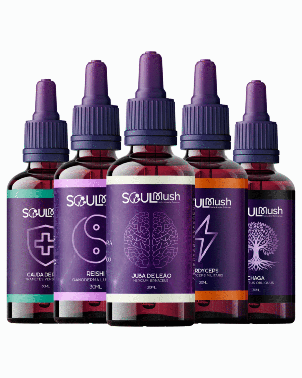 Kit 5 unidades de 30ml - Cauda de Peru + Cordyceps + Juba de Leão + Reishi + Chaga